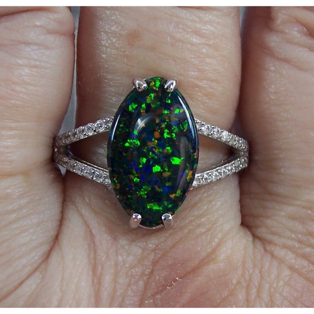 925 Sterling Silver Marquise Lab Created Green Black Opal CZ Ring - Picture 14 of 16